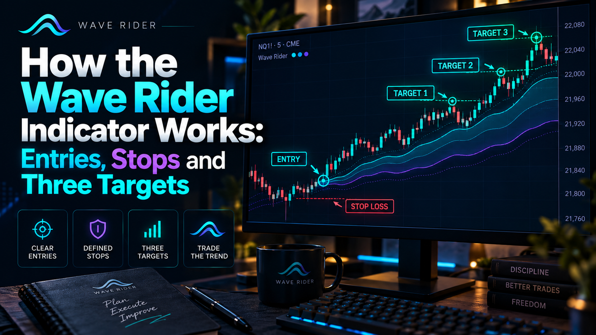 Wave Rider indicator on an NQ chart showing entry, stop loss and three take profit targets