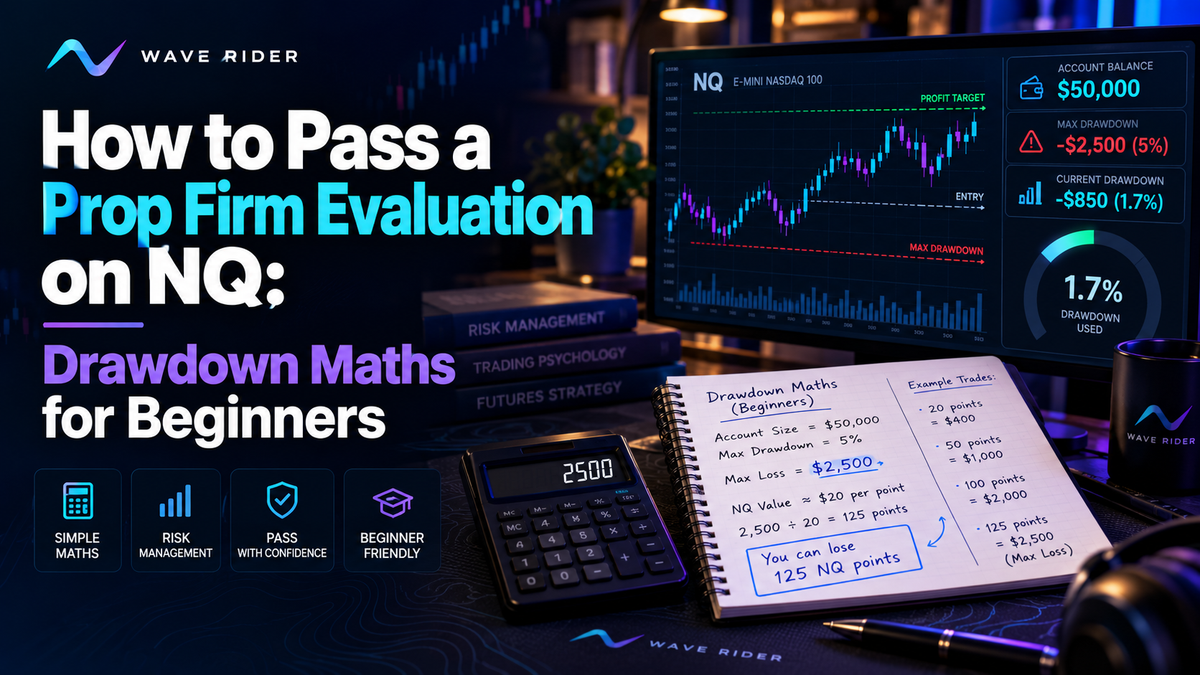 How to pass a prop firm evaluation on NQ: drawdown maths for beginners, with a trading notebook and NQ chart